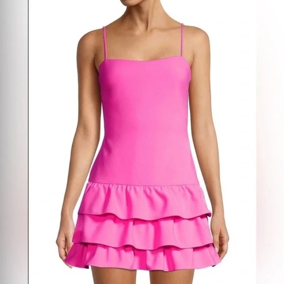 Likely Dresses & Skirts - LIKELY Amica Tiered Ruffle Hem Mini cocktail dress Barbie Pink Sugar square neck